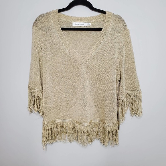 BISHOP + YOUNG • Oatmeal Beige V-neck Knit Fringe Sweater NEW Sz Medium - Picture 2 of 8